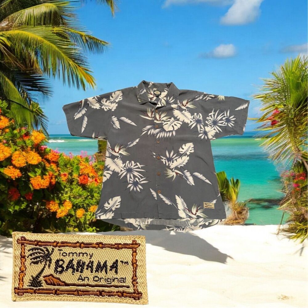 Vintage Tommy Bahama Men's L Hawaiian Floral Shirt Black Grey Short Sleeve